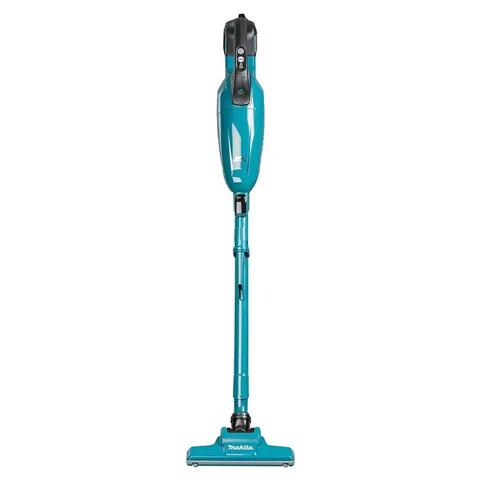 Makita LXT 18V Akku-Staubsauger DCL284F - 18 V, Ohne Akku, Behältervolumen: 0,73 l - Türkisfarbener Makita Stielstaubsauger mit schwarzen Akzenten, aufrecht stehend mit Bodendüse.