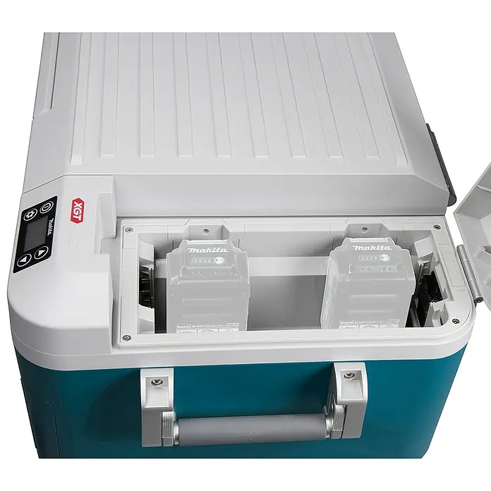 Makita Akku-Kühlbox zum Kühlen & Warmhalten CW002GZ01 - Ohne Akku, 50 l - Weißer und petrolfarbener Makita Kühl-/Wärmebehälter mit zwei 40V max XGT Akkus im oberen Fach.