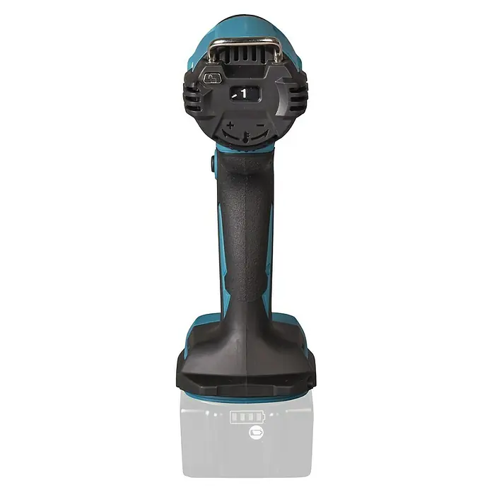 Makita LXT 18V Pistola de aire caliente de batería DHG181ZK - 18 V, Sin batería, Rango de temperaturas: 150 °C - 550 °C - Herramienta eléctrica inalámbrica negra y turquesa con batería, vista trasera con controles.