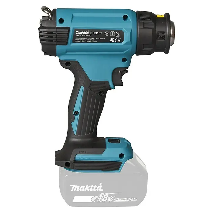 Makita LXT 18V Pistola de aire caliente de batería DHG181ZK - 18 V, Sin batería, Rango de temperaturas: 150 °C - 550 °C - Pistola de aire caliente inalámbrica Makita DHG181, turquesa y negra, con batería de 18V de iones de litio.