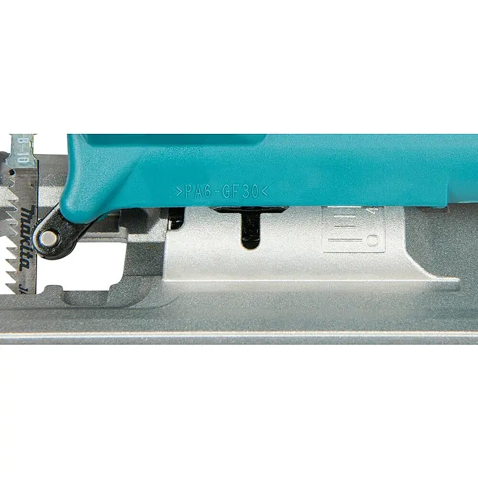 Makita LXT 18V Akku-Pendelhubstichsäge DJV186Z - 18 V, Ohne Akku, 2.900 /min - Nahaufnahme eines Jigsaws mit türkisem PA6-GF30-Gehäuse und silberner Grundplatte, zeigt ein Makita B-10 Sägeblatt.
