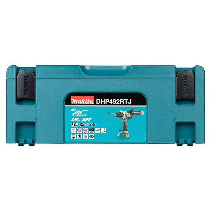 Makita LXT 18V Akku-Schlagbohrschrauber DHP492RTJ - 18 V, 2 Akkus, 5 Ah, 130 Nm - Makita DHP492RTJ Akku-Bohrmaschinen-Set in türkisem Koffer, zeigt Bohrmaschine und zwei 5.0Ah Akkus auf dem Etikett.