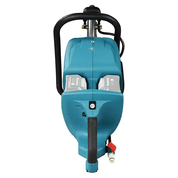 Makita XGT 40V max. Akku-Trennschleifer - Ohne Akku, 5.300 U/min - Türkisfarbene Akku-Pumpe mit schwarzen Griffen und zwei Makita-Akkus, mit Ein-/Ausschalter und Wasserauslass.