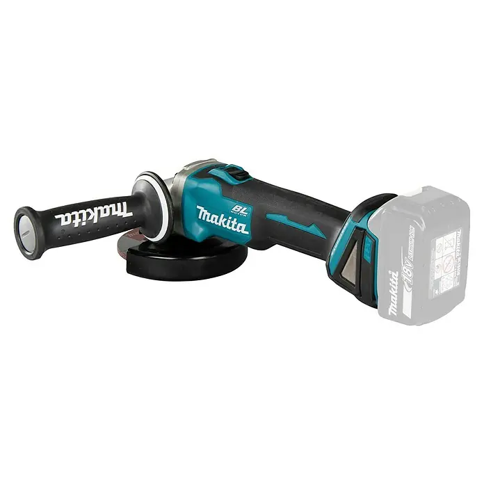 Makita LXT 18V Amoladora angular de batería DGA504Z - 18 V, Iones de litio, Sin batería, Diámetro disco: 125 mm - Amoladora angular inalámbrica Makita, negra y turquesa, con batería Li-ion de 18V gris.