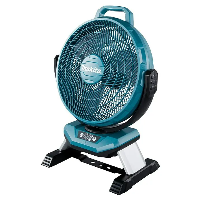 Makita LXT 18V Ventilador de batería DCF301 - 18 V, Sin batería - Ventilador portátil Makita turquesa y negro con asa integrada y controles en la base, diseñado para refrigeración.