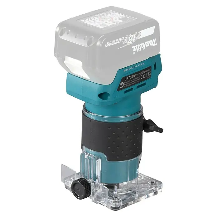 Makita LXT 18V Akku-Kantenfräser DRT52Z - 18 V, Ohne Akku, Leerlaufdrehzahl: 30.000 U/min - Makita DRT52 18V Akku-Oberfräse in Türkis und Schwarz, mit angeschlossener grauer Batterie und transparenter Kunststoffbasis.