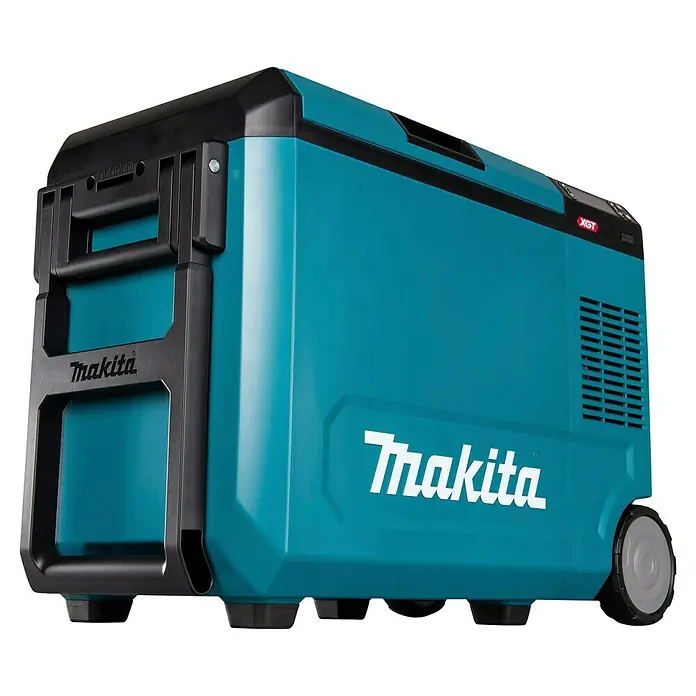 Makita Akku-Kühlbox zum Kühlen & Warmhalten CW004GZ - 18 V, Ohne Akku, 29 l - Tragbare Makita Kühlbox in Türkis und Schwarz mit Griffen, Rädern und XGT-Branding.