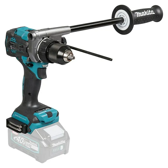 Makita XGT 40V max. Akku-Schlagbohrschrauber HP001GZ - 40 V, Ohne Akku - Makita 40V bürstenloser Akkubohrschrauber in Schwarz und Türkis, mit Seitenhandgriff und Tiefenanschlag.