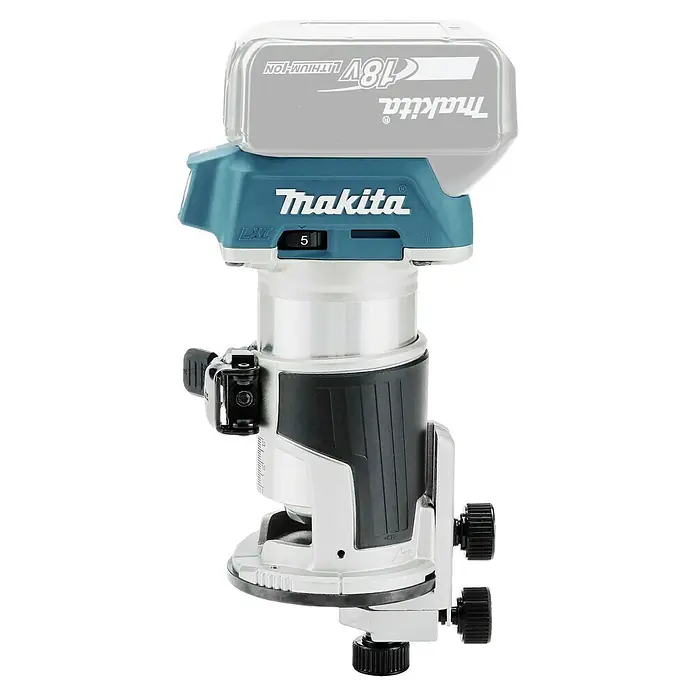Makita LXT 18V Akku-Multifunktionsfräse DRT50ZJX2 - 18 V, Ohne Akku, Leerlaufdrehzahl: 10.000 U/min - 30.000 U/min - Makita 18V Akku-Oberfräse in Türkis und Silber, mit Akku und Drehzahlregler auf '5'.