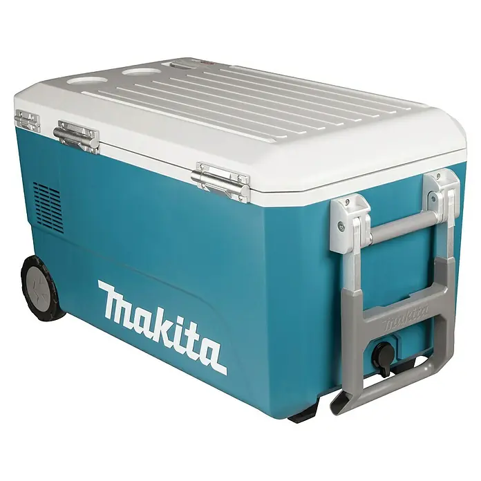 Makita Akku-Kühlbox zum Kühlen & Warmhalten CW002GZ01 - Ohne Akku, 50 l - Makita türkis-weiße Kühlbox mit Rollen, ausziehbarem Griff und Metallverschlüssen.