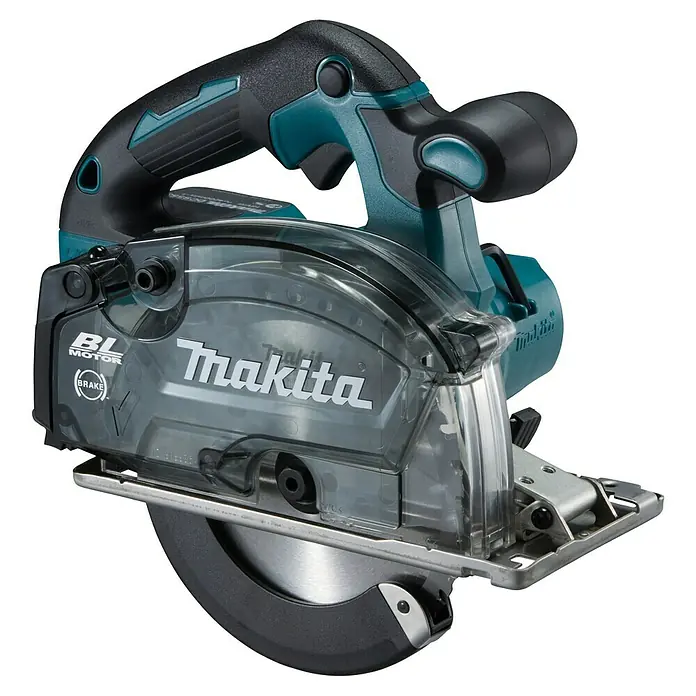 Makita LXT 18V Sierra circular de batería DCS553RTJ - 18 V, 2 baterías, 5 Ah - Sierra circular Makita con cuerpo negro y turquesa, protector de hoja transparente y placa base plateada.