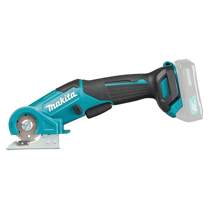 Makita CXT 12V max. Akku-Universalschere CP100DZ - 12 V, Ohne Akku, Schnitttiefe: Max. 6 mm - Makita akkubetriebener Rollenschneider in Türkis und Schwarz mit Rundklinge und 12V max Lithium-Ionen-Akku.