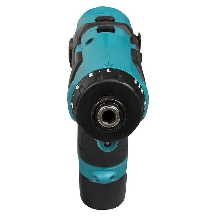 Makita Akkuschrauber DF012DSE - 7,2 V, 2 Akkus, 1,5 Ah - Türkis-schwarzer Akku-Schrauber mit sichtbarem Sechskantfutter und Drehmomentwähler.