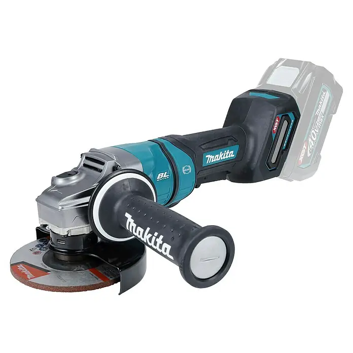 Makita XGT 40V max. Amoladora angular de batería GA050GZ - 40 V, Sin batería, Diámetro disco: 125 mm - Amoladora angular inalámbrica Makita turquesa, negra y plateada con empuñadura lateral y disco de corte, alimentada por batería XGT 40V Li-ION.