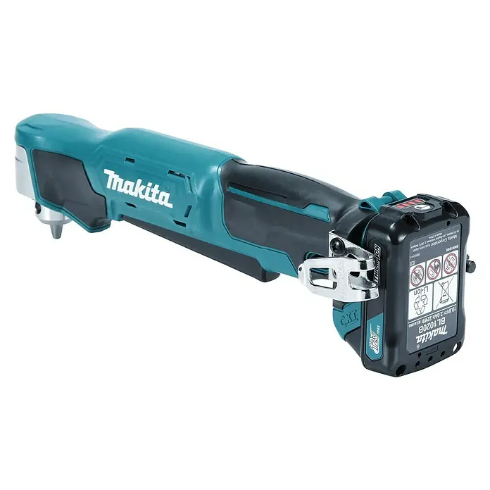 Makita CXT 12V max. Akku-Winkelbohrmaschine DA332DSYJ - 12 V, 1 Akku - Makita Akku-Winkelbohrschrauber in Türkis und Schwarz mit angeschlossenem Akku.