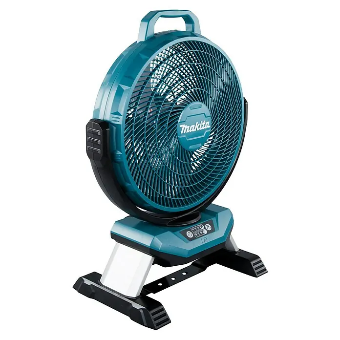 Makita LXT 18V Ventilador de batería DCF301 - 18 V, Sin batería - Ventilador portátil Makita turquesa y negro con asa superior y controles en la base resistente.