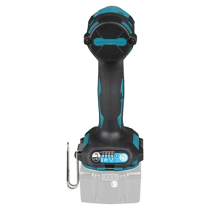 Makita LXT 18V Akku-Schlagschrauber DTD173Z - 18 V, Ohne Akku - Schwarz-türkisfarbenes Akku-Schlagschrauber-Handteil mit „BRUSHLESS“-Aufschrift, Bedienfeld für Geschwindigkeit und Modi, Akkuanzeige und Gürtelclip.