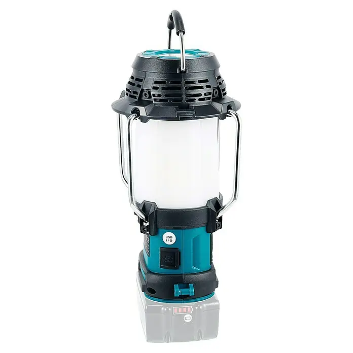 Makita LXT 18V Radio de batería con linterna DMR056 - 18 V, Sin batería, Flujo luminoso: 310 lm - Linterna LED inalámbrica turquesa y negra con asa metálica, función de batería externa USB y base de batería extraíble.