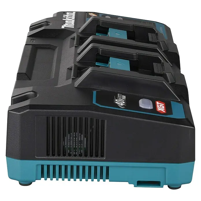 Makita XGT 40V max. Batterie-Ladegerät Doppel-Schnellladegerät - 40 V - Schwarzes und türkises Makita Doppel-Ladegerät für 40V Max XGT Akkus mit Lüftungsschlitzen.