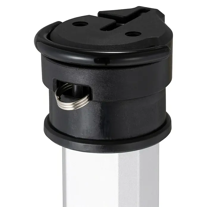 Makita LXT 18V Akku-Stableuchte DML818 - 18 V, Ohne Akku - Schwarzer Kunststoffverbinder auf einer sechseckigen silbernen Stange mit Metallschlüsselring.