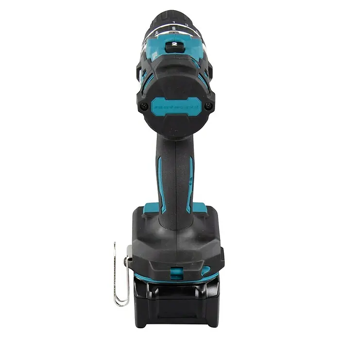 Makita XGT 40V max. Taladro atornillador percutor de batería HP002GA202 - 40 V, 2 baterías, 2 Ah, 64 Nm - Taladro-atornillador inalámbrico negro y turquesa con batería y clip para cinturón, mostrando selectores de velocidad y par.