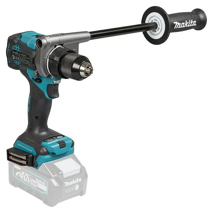 Makita XGT 40V max. Taladro atornillador de batería DF001GZ - 40 V, Sin batería - Taladro inalámbrico Makita con cuerpo turquesa y negro, portabrocas plateado y mango lateral ajustable. Se adjunta una batería 40V XGT.
