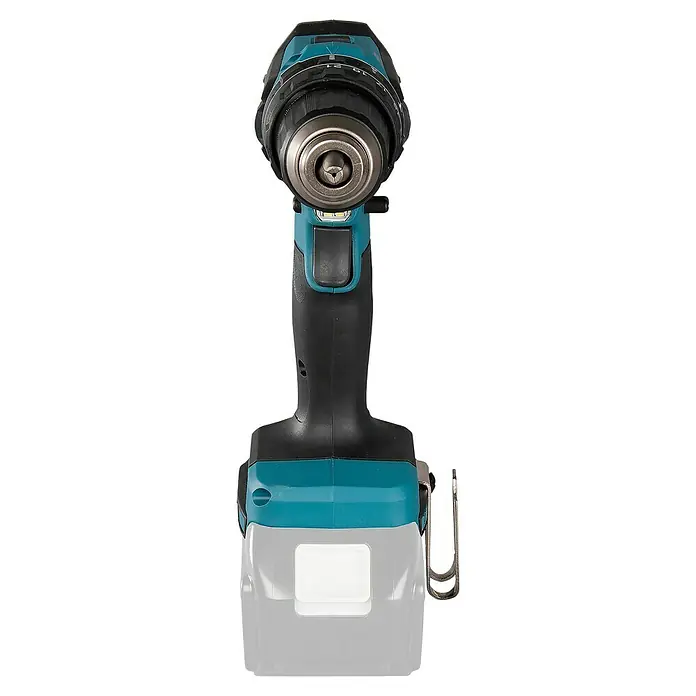Makita LXT 18V Akku-Schlagschrauber DHP485Z - 18 V, Ohne Akku, 50 Nm - Nahaufnahme eines schwarz-türkisen Akkuschraubers mit grauem Akku, mit Bohrfutter, LED-Licht und Gürtelclip.