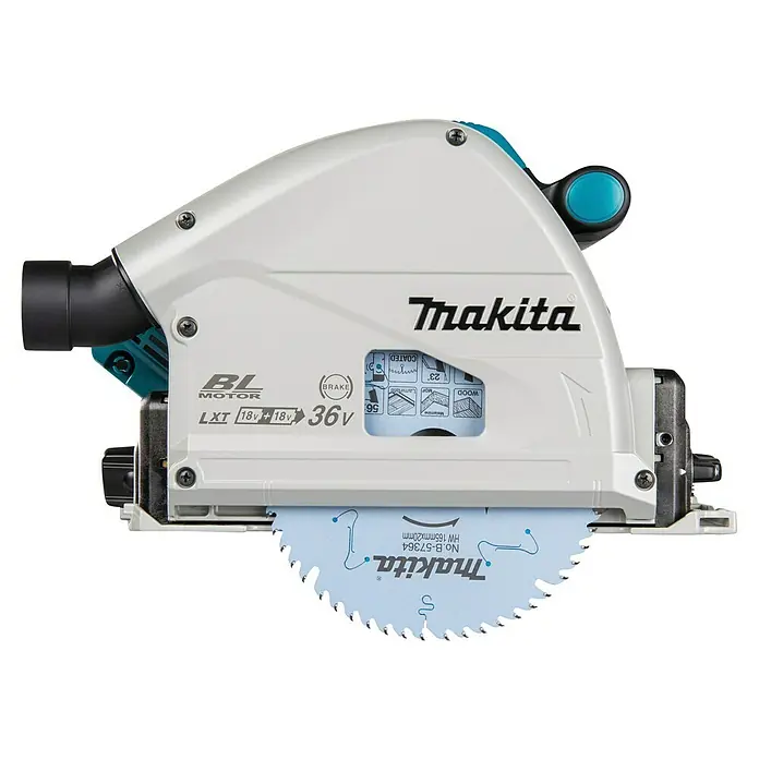 Makita LXT 18V Akku-Tauchsäge DSP600ZJ - 18 V, Ohne Akku, 2.500 U/min - 6.300 U/min - Makita Akku-Handkreissäge mit weißem Gehäuse, türkisen Akzenten und blauem Sägeblatt.