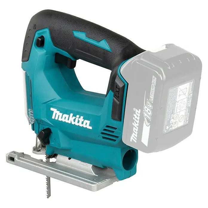 Makita LXT 18V Akku-Pendelhubstichsäge DJV186Z - 18 V, Ohne Akku, 2.900 /min - Makita Akku-Stichsäge in Türkis und Schwarz, mit silberner Basis und angebrachtem 18V Akku.