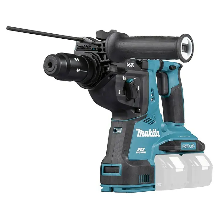 Makita LXT 18V Akku-Kombihammer DHR281ZJ - 36 V, Ohne Akku, 2,8 J - Blauer und schwarzer Makita Akku-Bohrhammer mit zwei Akkus, langem Bohrer und Zusatzhandgriff.