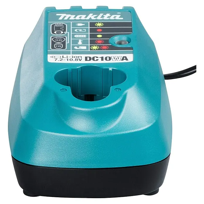 Makita Ladegerät DC10WA - Passend für: Makita Li-Ionen-Blockakkus 7,2 - 10,8 V - Makita DC10WA Li-Ion-Akkuladegerät (7.2-10.8V) in Türkis-Schwarz mit Ladeanzeigen.