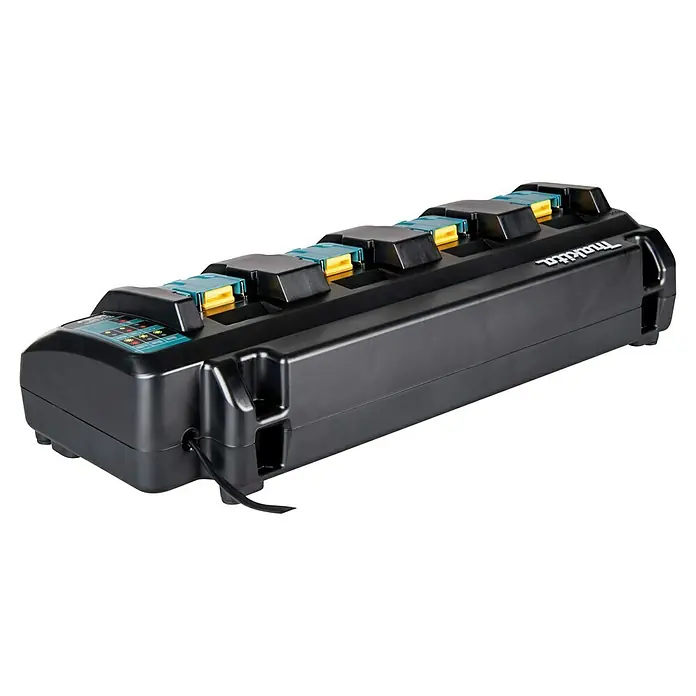 Makita LXT 18V Ladegerät DC18SF - Passend für: Makita Li-Ionen-Akkus 14,4 - 18 V - Schwarzes Makita Mehrfach-Akkuladegerät mit blauen und gelben Schächten zum gleichzeitigen Laden mehrerer Werkzeugakkus.