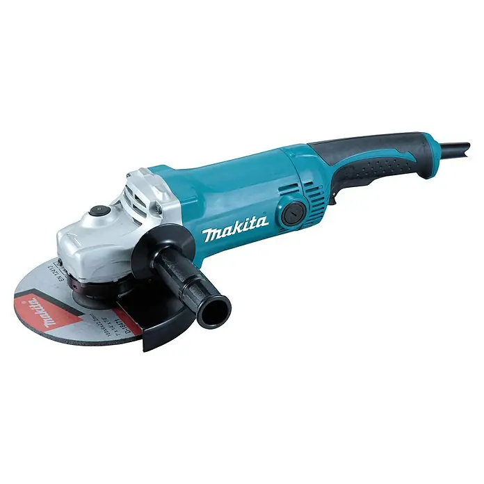 Makita Elektro-Winkelschleifer GA7050R - 2.000 W, Durchmesser Scheibe: 180 mm, Leerlaufdrehzahl: 8.500 U/min - Türkis-schwarzer Makita Winkelschleifer mit Trennscheibe und ergonomischem, schwarzem Griff.