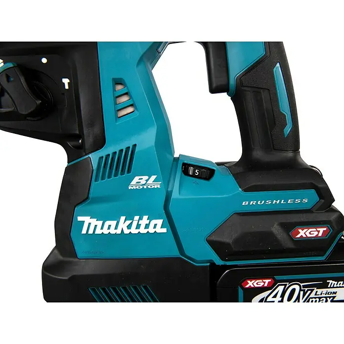Makita XGT 40V max. Akku-Kombihammer HR004GM201 - 40 V, 2 Akkus, 2,9 J - Türkis-schwarzer Makita Akku-Bohrhammer mit BL-Motor und XGT 40V Li-Ion Akku. Mit Modus- und Geschwindigkeitseinstellungen.