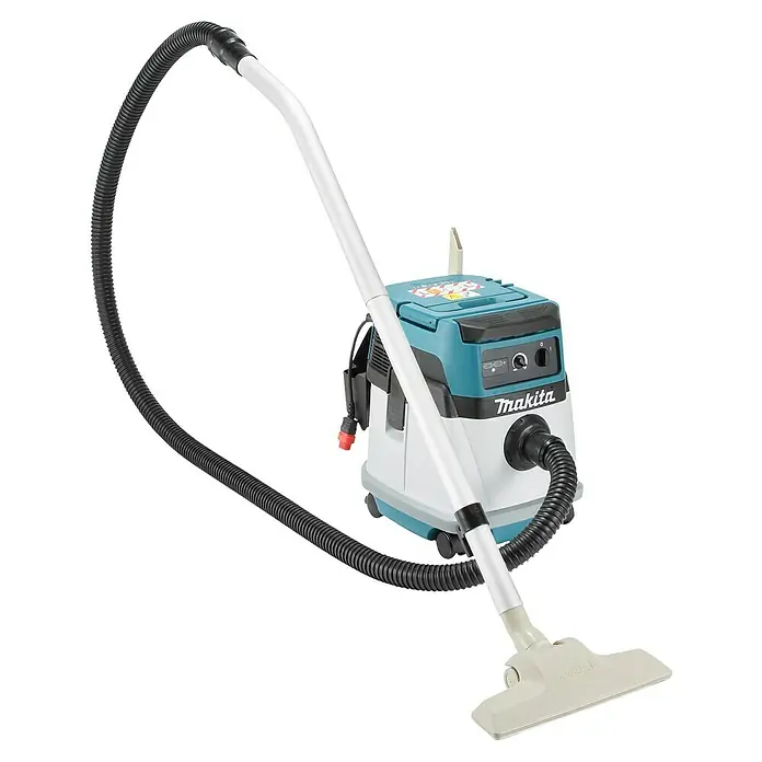 Makita LXT 18V Akku-Nass-Trockensauger DVC150LZ - 36 V, Ohne Akku, Behältervolumen: 15 l - Makita Akku-Staubsauger mit türkis-weißem Gehäuse, schwarzem Schlauch und beiger Bodendüse.