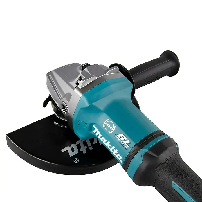 Makita XGT 40V max. Akku-Winkelschleifer GA038GZ - 40 V, Ohne Akku, Durchmesser Scheibe: 230 mm - Makita Winkelschleifer mit türkisfarbenem Gehäuse, grauem Getriebegehäuse und schwarzem Griff. Verfügt über einen BL-Motor und Bremse.