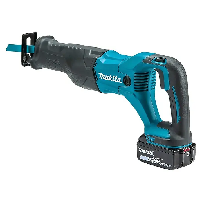Makita LXT 18V Akku-Säbelsäge DJR186RT - 18 V, 1 Akku, 5 Ah, Leerlaufhubzahl: 0 /min - 2.800 /min - Türkis-schwarze Makita-Säbelsäge mit 18V Lithium-Ionen-Akku und türkisem Sägeblatt.