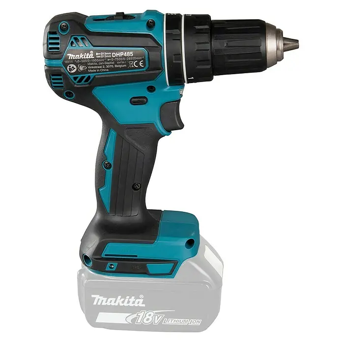 Makita LXT 18V Akku-Schlagschrauber DHP485Z - 18 V, Ohne Akku, 50 Nm - Türkis-schwarzer Makita DHP485 Akku-Schlagbohrschrauber mit grauem 18V Lithium-Ionen-Akku.