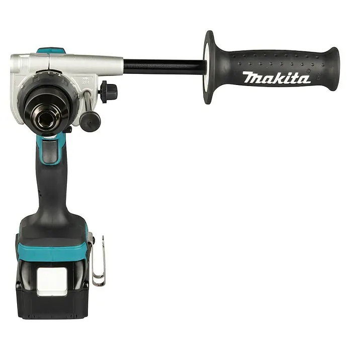 Makita LXT 18V Akku-Schlagbohrschrauber DHP492RTJ - 18 V, 2 Akkus, 5 Ah, 130 Nm - Makita Akku-Bohrmaschine in Schwarz, Türkis und Silber mit verstellbarem Seitenhandgriff.