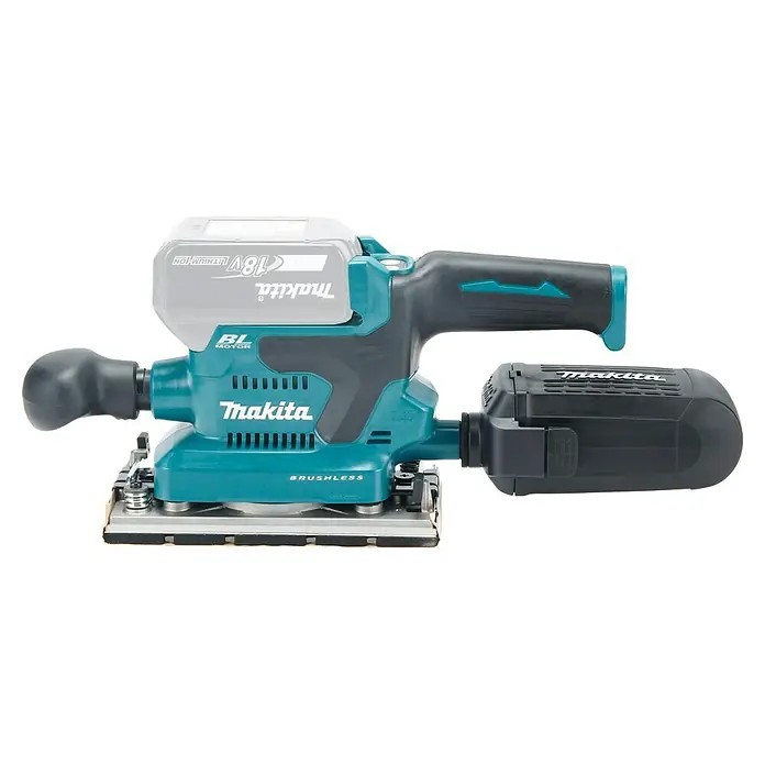 Makita LXT 18V Akku-Schwingschleifer DBO382Z - 18 V, Ohne Akku - Ein türkisfarben-schwarzer Makita Akku-Schwingschleifer mit 18V Lithium-Ionen-Akku und Staubsack.