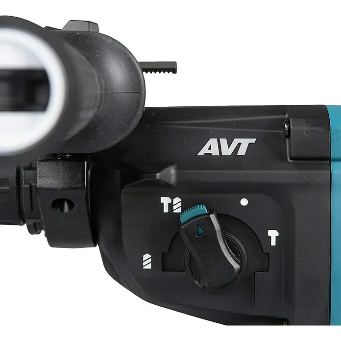 Makita LXT 18V Akku-Kombihammer DHR281ZJ - 36 V, Ohne Akku, 2,8 J - Nahaufnahme eines schwarzen und türkisen Bohrhammers mit AVT-Logo und Moduswahlschalter. Ein Teil des Zusatzhandgriffs ist sichtbar.