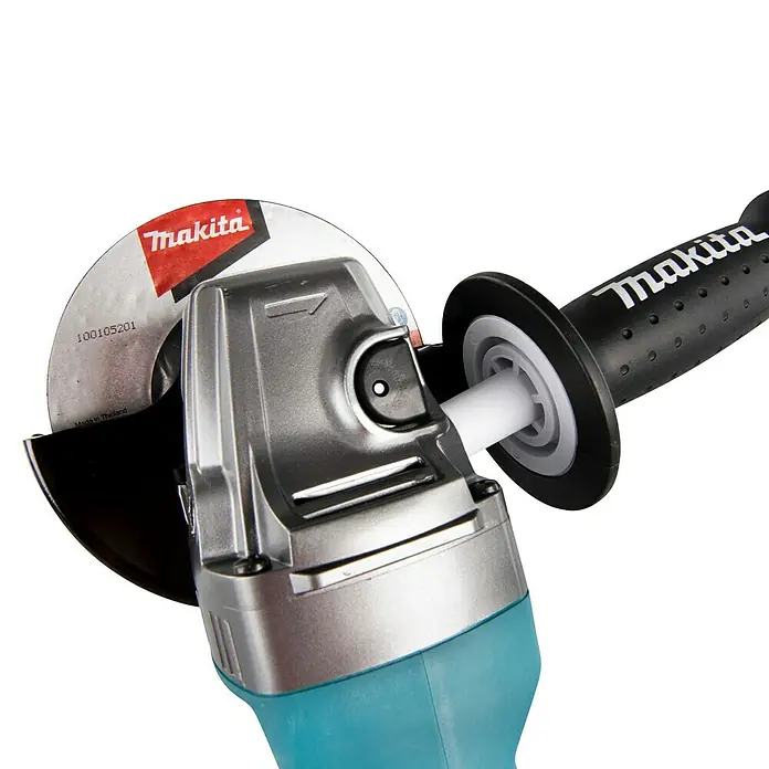 Makita XGT 40V max. Akku-Winkelschleifer GA013GM201 - 2 Akkus, 4 Ah, Leerlaufdrehzahl: 8.500 U/min - Makita Winkelschleifer mit türkisem Gehäuse, silbernem Kopf und schwarzem Griff, montierte Makita Trennscheibe.