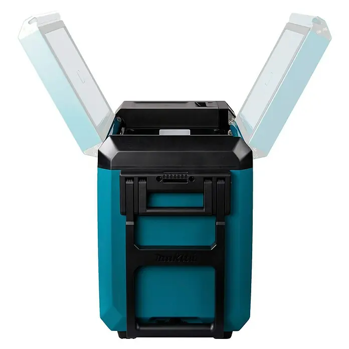 Makita Akku-Kühlbox zum Kühlen & Warmhalten CW004GZ - 18 V, Ohne Akku, 29 l - Blaugrüne und schwarze Makita Kühlbox mit geöffnetem Deckel und ausgefahrenen Lichtpaneelen.