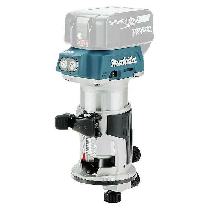 Makita LXT 18V Akku-Multifunktionsfräse DRT50ZJX2 - 18 V, Ohne Akku, Leerlaufdrehzahl: 10.000 U/min - 30.000 U/min - Makita 18V Akku-Oberfräse mit türkisfarbenem Gehäuse, silberner Basis, schwarzen Akzenten und angebrachtem grauen Akku mit roten Anzeigen.