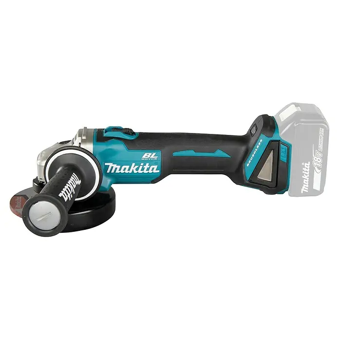 Makita LXT 18V Amoladora angular de batería DGA504Z - 18 V, Iones de litio, Sin batería, Diámetro disco: 125 mm - Amoladora angular inalámbrica Makita 18V sin escobillas, turquesa y negra, con batería.