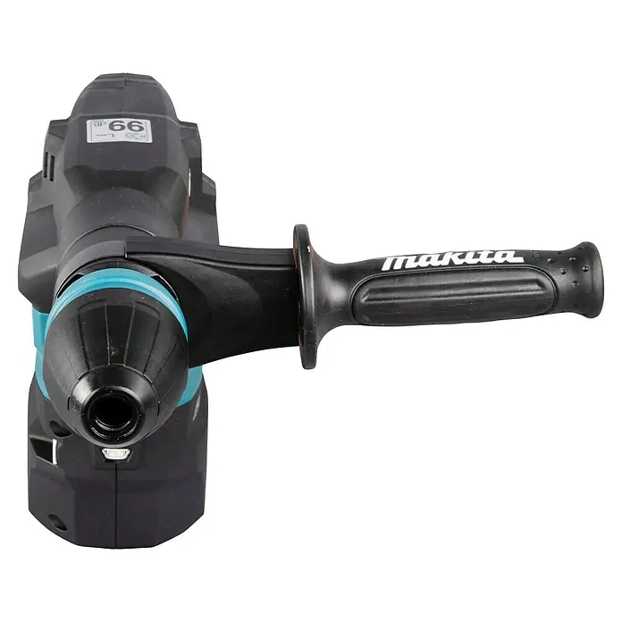 Makita XGT 40V max. Akku-Kombihammer HM001GZ02 - 40 V, Ohne Akku, 9,4 J - Schwarzer Makita Bohrhammer mit türkisen Akzenten und schwarzem Zusatzhandgriff.