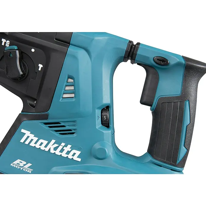 Makita LXT 18V Akku-Kombihammer DHR281ZJ - 36 V, Ohne Akku, 2,8 J - Nahaufnahme eines türkis-schwarzen Makita Bohrhammers mit Logo, BL MOTOR Schriftzug, Moduswahlschalter und Zahlenskala auf 5.