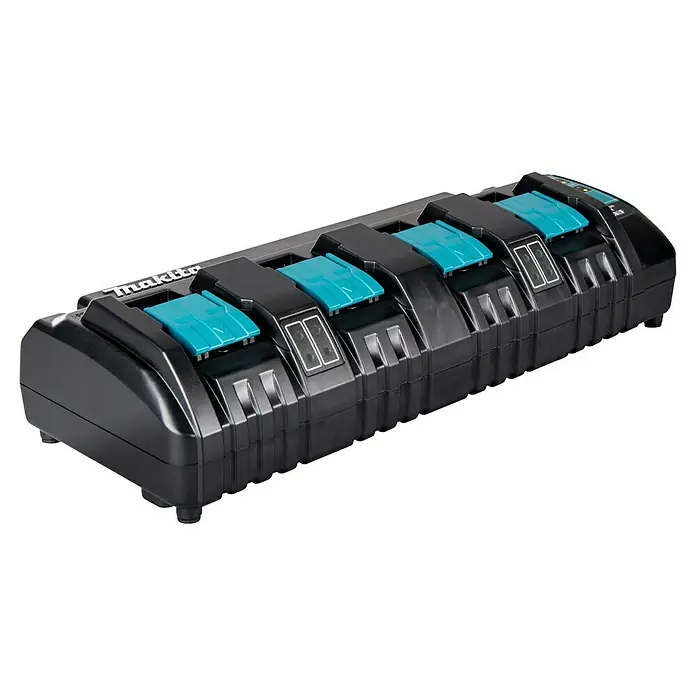 Makita LXT 18V Ladegerät DC18SF - Passend für: Makita Li-Ionen-Akkus 14,4 - 18 V - Schwarzes Makita Sechs-Schacht-Akkuladegerät mit blau-türkisen Klemmen und Kontrollleuchten.