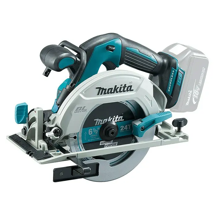 Makita LXT 18V Akku-Handkreissäge DHS680Z - 18 V, Ohne Akku, Leerlaufdrehzahl: 5.000 U/min - Makita 18V Akku-Kreissäge mit 6 1/2 Zoll Sägeblatt, in Türkis und Schwarz, mit angeschlossenem Akku.