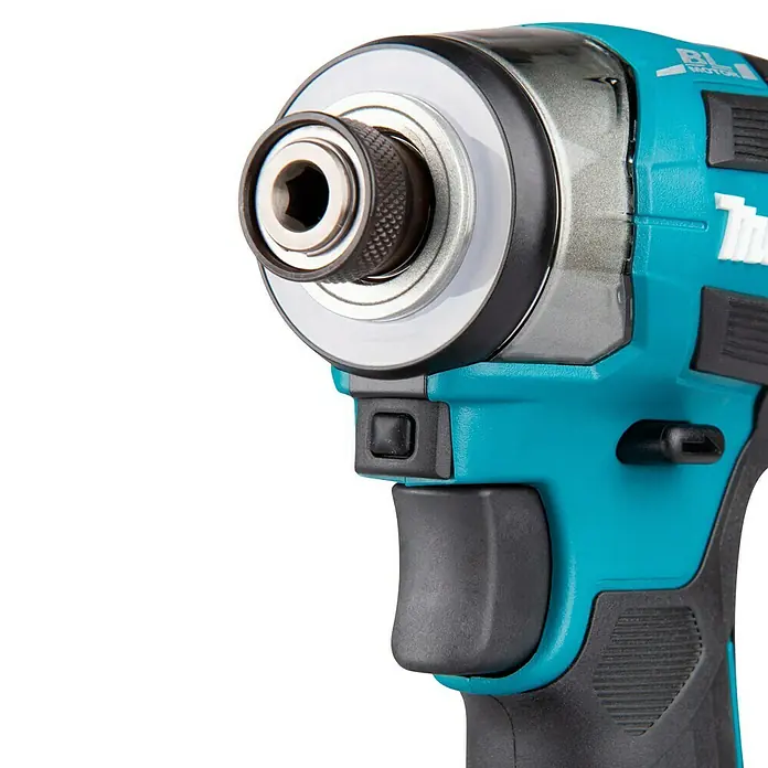 Makita LXT 18V Akku-Schlagschrauber DTD173Z - 18 V, Ohne Akku - Nahaufnahme eines türkis-schwarzen Makita Schlagschraubers, mit Bithalter, BL Motor Logo und Abzug.
